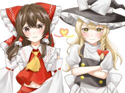 Rule 34 | 2girls, ascot, black vest, blonde hair, blush, bow, braid, brown eyes, brown hair, buttons, collared shirt, commentary request, crossed arms, detached sleeves, frilled bow, frilled hair tubes, frills, hair bow, hair tubes, hakurei reimu, hat, hat bow, heart, highres, kirisame marisa, long hair, looking at viewer, multiple girls, nontraditional miko, puffy short sleeves, puffy sleeves, red bow, red shirt, shirt, short sleeves, simple background, single braid, sleeveless, sleeveless shirt, star-shaped pupils, star (symbol), symbol-shaped pupils, temmie (temi maru), touhou, vest, white background, white bow, white shirt, witch hat, yellow ascot, yellow eyes