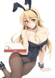 Rule 34 | 1girl, animal ears, blonde hair, blue eyes, breasts, cleavage, fake animal ears, high heels, iowa (kancolle), kantai collection, large breasts, leotard, long hair, pantyhose, pizza box, playboy bunny, rabbit ears, solo, star-shaped pupils, star (symbol), symbol-shaped pupils, zekkyon