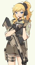 Rule 34 | 1girl, adjusting clothes, adjusting gloves, belt, black gloves, blonde hair, blue eyes, character request, dango daikazoku, food, gloves, gun, headphones, heart, highres, long hair, looking at viewer, microphone, open mouth, pas (paxiti), ponytail, rifle, scrunchie, short sleeves, shorts, simple background, sleeves rolled up, smile, solo, teeth, thigh strap, tsurime, wagashi, wavy hair, weapon