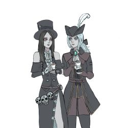Rule 34 | 1girl, 1other, aconitum-acolyte, ascot, black hair, bloodborne, blue eyes, coat, crossover, fingerless gloves, gloves, guilty gear, guilty gear strive, hat, hat feather, highres, lady maria of the astral clocktower, long hair, red eyes, skull, tea, testament (guilty gear), tricorne