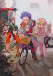 Rule 34 | 1girl, 2boys, alternate costume, artist name, asui tsuyu, bag, bicycle, blonde hair, boku no hero academia, closed mouth, creatures (company), crossover, cup, dress, espurr, floral print, game freak, gen 6 pokemon, glasses, green eyes, green hair, highres, holding, holding cup, long hair, long sleeves, looking at another, monoma neito, multiple boys, nintendo, open mouth, pokemon, pokemon (creature), purple eyes, purple hair, sheepishs, shinsou hitoshi, short hair, smile, standing
