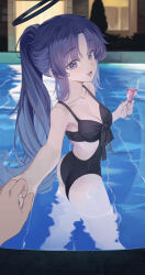 Rule 34 | 1boy, 1girl, absurdres, alternate costume, ass, back cutout, black one-piece swimsuit, blue archive, blush, breasts, champagne flute, cleavage, clothing cutout, collarbone, cup, drinking glass, halo, hetero, highres, holding, holding cup, holding hands, klakmon, long hair, looking at viewer, looking back, medium breasts, one-piece swimsuit, parted bangs, ponytail, pool, pov, pov hands, reflection, reflective water, refraction, smile, swimsuit, very long hair, wading, yuuka (blue archive)