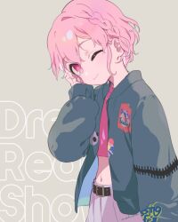Rule 34 | 1boy, braid, closed mouth, cowboy shot, crossdressing, green jacket, grey background, hand on own face, hand up, highres, jacket, long sleeves, looking at viewer, machico maki, midriff, mole, mole under eye, one eye closed, open clothes, open jacket, pink eyes, pink hair, pink shirt, pink skirt, pleated skirt, pretty series, pripara, reona west, shirt, short hair, side braid, skirt, solo, standing, trap