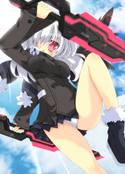 Rule 34 | 1girl, arks coat, black wings, blush, boots, coat, dagger, dual wielding, energy blade, fur boots, hair over one eye, highres, holding, knife, lace, lace-trimmed panties, lace trim, long hair, milkpanda, open mouth, panties, pantyshot, phantasy star, phantasy star online 2, pleated skirt, red eyes, reverse grip, scarf, silver hair, skirt, solo, underwear, weapon, wings