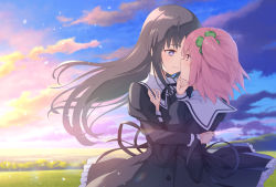 Rule 34 | 2girls, assault lily, black dress, black hair, black ribbon, blue sky, buttons, closed mouth, cloud, clover hair ornament, commentary, cowboy shot, dress, evening, eye contact, face-to-face, falling leaves, field, fingernails, floating hair, four-leaf clover hair ornament, frilled dress, frills, grass, hair ornament, hand on another&#039;s back, hand on another&#039;s chest, hand on another&#039;s chin, hand up, highres, hitotsuyanagi riri, horizon, juliet sleeves, leaf, lens flare, light blush, long hair, long sleeves, looking at another, multiple girls, neck ribbon, nuenue, ocean, one side up, outdoors, parted lips, pink eyes, pink hair, puffy sleeves, purple eyes, ribbon, school uniform, shirai yuyu, short hair, sidelocks, sky, standing, sunlight, very long hair, yuri, yurigaoka girls academy school uniform