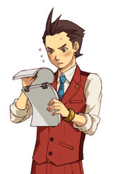 Rule 34 | 1boy, ace attorney, apollo justice, apollo justice: ace attorney, blue necktie, blush, brown eyes, brown hair, capcom, jewelry, kobashi, lowres, male focus, necktie, paper, red theme, sleeves rolled up, solo, vest