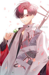 Rule 34 | 1boy, black shirt, brown hair, commentary request, dango, fate/grand order, fate (series), food, grin, hair between eyes, hand up, holding, holding food, instrument, instrument on back, jacket, long sleeves, looking at viewer, male focus, parted bangs, petals, puffy long sleeves, puffy sleeves, red eyes, ryuuki (hydrangea), sanshoku dango, shamisen, shirt, sleeves past wrists, smile, solo, takasugi shinsaku (fate), takasugi shinsaku (first ascension) (fate), twitter username, wagashi, white background, white jacket