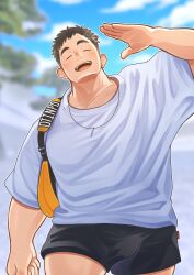 Rule 34 | 1boy, = =, absurdres, bag, baggy clothes, bara, black hair, blurry, blurry background, bulge, facing viewer, highres, male focus, muscular, muscular male, original, osu (osumankokuou), paid reward available, shirt, short hair, short shorts, shorts, shoulder bag, smile, solo, t-shirt, thick eyebrows, walking, waving