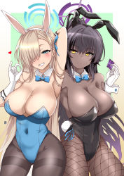 Rule 34 | 2girls, animal ears, aoi manabu, arm up, armpits, asuna (blue archive), asuna (bunny) (blue archive), bare shoulders, black hair, black leotard, black pantyhose, blue archive, blue eyes, blue leotard, blue neckwear, blush, bow, bowtie, breasts, cleavage, condom, condom wrapper, covered navel, dark-skinned female, dark skin, detached collar, fake animal ears, fishnet legwear, fishnets, gloves, gluteal fold, hair over one eye, halo, heart, karin (blue archive), karin (bunny) (blue archive), large breasts, leotard, lips, long hair, looking at viewer, mole, mole on breast, multiple girls, pantyhose, playboy bunny, rabbit ears, rabbit tail, smile, strapless, strapless leotard, tail, thighband pantyhose, traditional bowtie, very long hair, white gloves, wrist cuffs, yellow eyes