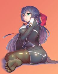 Rule 34 | 1girl, artist request, asama tomo, ass, black pantyhose, bodysuit, breast hold, breasts, female focus, fingerless gloves, from side, gloves, green eyes, hair ribbon, half updo, heterochromia, highres, kyoukaisenjou no horizon, large breasts, long hair, orange background, pantyhose, purple hair, red eyes, ribbon, sitting, solo, very long hair