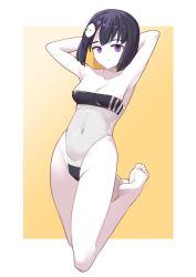 Rule 34 | 1girl, absurdres, armpits, arms behind head, barefoot, breasts, collarbone, covered navel, feet, gris swimsuit, hair ornament, highleg, highleg swimsuit, highres, indie virtual youtuber, looking at viewer, medium breasts, meme attire, one-piece swimsuit, original, parted lips, pompmaker1, pomuko (pompmaker1), purple eyes, purple hair, see-through swimsuit, short hair, soles, solo, swimsuit, toes, two-tone background, virtual youtuber, white background, yellow background