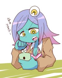 Rule 34 | 10s, 1girl, alien, bow, breasts, cardigan, cleavage, colored skin, eyeball, green skin, head on hand, holding, looking at phone, medium breasts, midori (uchuu patrol luluco), multicolored hair, neichii, open mouth, phone, pink hair, purple hair, school uniform, sharp teeth, simple background, sitting, solo, teeth, translated, two-tone hair, uchuu patrol luluco, upper body, white background, yellow eyes