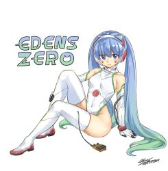 Rule 34 | 1girl, bare shoulders, blue eyes, blue hair, bodysuit, breasts, cable, cellphone, closed mouth, collarbone, copyright name, covered navel, detached sleeves, eden&#039;s zero, full body, gloves, gradient hair, green hair, hair between eyes, hairband, headset, hermit mio, highleg, highleg leotard, highres, leotard, long hair, looking at viewer, mashima hiro, multicolored hair, official art, phone, signature, silver hairband, sitting, small breasts, solo, very long hair, white background, white gloves