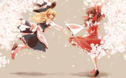 Rule 34 | 2girls, apron, blonde hair, bow, brown hair, detached sleeves, hair bow, hair tubes, hakurei reimu, hat, jumping, kirisame marisa, long hair, long sleeves, looking at another, md5 mismatch, mecco, multiple girls, open mouth, shirt, shoes, skirt, smile, socks, touhou, witch hat