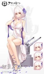 Rule 34 | 1girl, alternate costume, ankle ribbon, azur lane, blue gemstone, blush, breasts, cannon, character name, choker, cleavage, collarbone, dress, expressionless, expressions, flower, full body, gem, hair between eyes, hair flower, hair ornament, hairband, halter dress, halterneck, hand up, high heels, large breasts, leg ribbon, logo, looking at viewer, official art, petals, purple flower, purple ribbon, red eyes, ribbon, rigging, short hair, sidelocks, sirius (azur lane), sirius (white rose) (azur lane), sitting, solo, turret, watermark, white dress