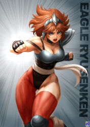 1girl aquila_marin armor asymmetrical_armor asymmetrical_legwear black_leotard blue_eyes breastplate breasts brown_hair cleavage elbow_gloves fighting_stance fingerless_gloves gauntlets gloves grey_background highres knee_pads leotard long_hair medium_breasts muscular muscular_female no_mask orange_hair pantyhose red_hair red_pantyhose saint_seiya sash shoulder_armor shoulder_pads single_gauntlet single_leg_pantyhose single_shoulder_pad solo swwhenry