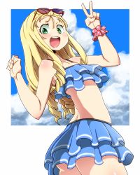 Rule 34 | 1girl, :d, aono3, bikini, bikini skirt, blonde hair, blue bikini, blue sky, clenched hand, commentary, cowboy shot, day, drill hair, eyewear on head, frilled bikini, frills, from side, girls und panzer, green eyes, highres, long hair, looking at viewer, marie (girls und panzer), open mouth, outdoors, outside border, red-framed eyewear, sky, smile, solo, standing, sunglasses, swimsuit, v-shaped eyebrows, wristband