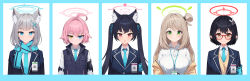 Rule 34 | 5girls, :o, absurdres, ahoge, animal ear fluff, animal ears, armband, ayane (blue archive), black hair, blue archive, blue eyes, blue jacket, blue necktie, blue scarf, blue vest, blush, breasts, brown eyes, closed mouth, collared shirt, earrings, elf, extra ears, glasses, green eyes, grey hair, hair ribbon, halo, heterochromia, highres, hoshino (blue archive), hoshino (young) (blue archive), jacket, jewelry, large breasts, light brown hair, long hair, looking at viewer, medium hair, multiple girls, necktie, nonomi (blue archive), off shoulder, one side up, open clothes, open jacket, pink hair, pointy ears, red eyes, ribbon, sbbs, scarf, serika (blue archive), shiroko (blue archive), shirt, short hair, simple background, smile, twintails, upper body, vest, white background, white shirt, yellow eyes