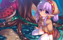 Rule 34 | 1girl, brown capelet, capelet, choker, grass, hood, light purple hair, long hair, looking at viewer, mushroom, original, outdoors, pointy ears, purple eyes, sitting, solo, suzunone rena, thighhighs, wariza, white thighhighs
