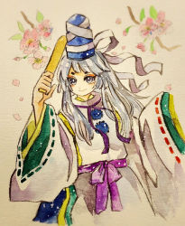 Rule 34 | 1girl, cherry blossoms, closed mouth, dress, flower, hat, japanese clothes, key747h, layered sleeves, long hair, looking to the side, mononobe no futo, painting (medium), photo (medium), pom pom (clothes), ribbon-trimmed sleeves, ribbon trim, ritual baton, silver hair, solo, tate eboshi, touhou, traditional media, upper body, watercolor (medium), white dress, wide sleeves