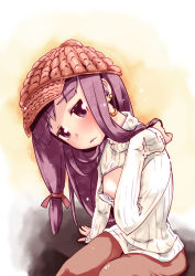 Rule 34 | 1girl, alternate costume, blush, breasts, casual, cleavage cutout, clothing cutout, earrings, flat chest, hat, highres, jewelry, long hair, mayuge inu, meme attire, open-chest sweater, patchouli knowledge, purple eyes, purple hair, ribbed sweater, sleeves past wrists, small breasts, solo, sweater, touhou