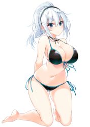 Rule 34 | 1girl, absurdres, bad id, bad pixiv id, bikini, black bikini, blue eyes, blush, breasts, cleavage, commentary request, highres, kneeling, large breasts, long hair, looking at viewer, navel, original, ponytail, silver hair, simple background, solo, suruga (xsurugax), swimsuit, thick eyebrows, white background