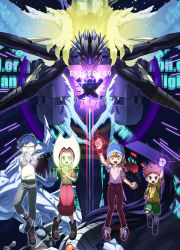Rule 34 | 2boys, 2girls, ankle boots, arm up, bbb (fabio8552), beanie, black footwear, blonde hair, blue hair, boots, brown footwear, brown hair, commentary request, digimon, digimon (creature), digimon adventure: (2020), dress, episode number, facing viewer, fangs, foot up, glasses, glowing, green shorts, grey shirt, hat, highres, holding, hood, hood down, hoodie, izumi koshiro, kido jo, looking at viewer, millenniumon, multiple boys, multiple girls, orange hoodie, outstretched arm, outstretched arms, pants, pink dress, purple hair, red pants, serious, sharp teeth, shirt, short hair, shorts, tachikawa mimi, takenouchi sora, teeth