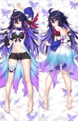 Rule 34 | 1girl, arm up, asymmetrical sleeves, barefoot, bed sheet, black bra, black hair, black shorts, blush, bra, breasts, bridal gauntlets, cleavage, closed mouth, colored inner hair, dakimakura (medium), detached sleeves, full body, hair between eyes, honkai: star rail, honkai (series), long hair, looking at viewer, lying, midriff, multicolored hair, navel, on back, on stomach, open clothes, open mouth, open shorts, purple eyes, purple hair, seele (honkai: star rail), short shorts, shorts, small breasts, soles, solo, stomach, thigh strap, underwear, very long hair, yutian alice