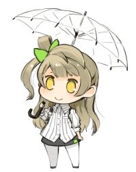 Rule 34 | 1girl, bow, brown hair, chibi, closed mouth, full body, hair bow, long hair, love live!, love live! school idol project, minami kotori, mota, one side up, simple background, skirt, smile, solo, standing, umbrella, white background, yellow eyes