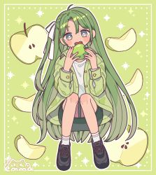 Rule 34 | 1girl, ahoge, artist name, blush stickers, buttons, emma (kumaema), fangs, fingernails, food, full body, green background, green jacket, green theme, grey eyes, hair ribbon, hands up, highres, holding, holding food, inset border, jacket, long hair, long sleeves, looking at viewer, nashi pear, one side up, open clothes, open jacket, original, outline, parted bangs, pear slice, pencil skirt, ribbon, shirt, shoes, skirt, sneakers, socks, solo, squatting, very long hair, white outline, white ribbon, white shirt, white socks
