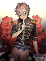 Rule 34 | 10s, 1boy, arm support, belt, black background, black jacket, blue eyes, buttons, closed mouth, double-breasted, ensemble stars!, epaulettes, finger to mouth, flower, gambe, gloves, gradient background, grey hair, hair between eyes, half gloves, highres, index finger raised, jacket, light particles, light smile, looking at viewer, male focus, military, military jacket, military uniform, pants, red flower, sena izumi (ensemble stars!), short hair, short sleeves, shushing, sleeves rolled up, smile, solo, standing, striped, uniform, white background, white gloves, white pants, yellow background