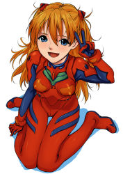 Rule 34 | 1girl, :d, armpits, baba arumi, bad id, bad pixiv id, blue eyes, from above, hair between eyes, hair ornament, kneeling, long hair, neon genesis evangelion, open mouth, orange hair, parted bangs, plugsuit, simple background, sitting, skin tight, smile, solo, souryuu asuka langley, thigh gap, thighs, v, wariza, white background