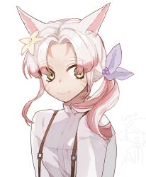 Rule 34 | 1girl, animal ears, cat ears, cat tail, closed mouth, final fantasy, final fantasy xiv, gg dal, gradient hair, green eyes, hair over shoulder, looking at viewer, miqo&#039;te, multicolored hair, pink hair, shirt, slit pupils, smile, solo, suspenders, tail, two-tone hair, upper body, warrior of light (ff14), white hair, white shirt