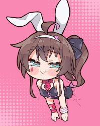 Rule 34 | 1girl, :&gt;, animal ears, bare shoulders, black bow, black leotard, blue eyes, blush, bow, bowtie, brown hair, chibi, closed mouth, detached collar, fake animal ears, hair bow, hair ornament, hairband, heart, heart-shaped pupils, highres, hole in wall, hololive, kukie-nyan, leotard, long hair, looking at viewer, natsuiro matsuri, pink background, ponytail, rabbit ears, rabbit hole (vocaloid), red bow, red bowtie, ribbon, simple background, smile, solo, symbol-shaped pupils, teardrop facial mark, through wall, virtual youtuber, vocaloid, white hairband, wrist ribbon, x hair ornament