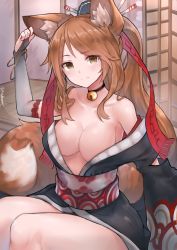 Rule 34 | 1girl, absurdres, animal ear fluff, animal ears, bell, black choker, black kimono, breasts, bridal gauntlets, brown eyes, brown hair, choker, closed mouth, commentary, commission, elbow gloves, english commentary, fox ears, fox tail, gloves, gradient gloves, hair ornament, hairpin, hand up, highres, indoors, japanese clothes, jingle bell, kimono, kiyone (psychofox), large breasts, long hair, looking at viewer, neck bell, neonbeat, obi, original, sash, signature, sitting, solo, tail, tatami, very long hair
