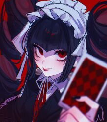 Rule 34 | 1girl, black hair, black jacket, black nails, card, celestia ludenberg, danganronpa: trigger happy havoc, danganronpa (series), drill hair, gnasrop, gothic lolita, hand up, headdress, highres, holding, holding card, jacket, lolita fashion, long hair, long sleeves, looking at viewer, necktie, playing card, red background, red eyes, red necktie, smile, solo, twin drills, twintails