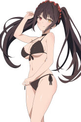 1girl absurdres bare_shoulders bikini black_bra black_hair bra breasts cleavage clock_eyes date_a_live frilled_bra frills hairband heterochromia highres large_breasts lolita_hairband long_hair looking_at_viewer panties red_eyes side-tie_bikini_bottom smile solo swimsuit symbol-shaped_pupils tokisaki_kurumi twintails underwear underwear_only wen_yi_(user_yczf3785) yellow_eyes