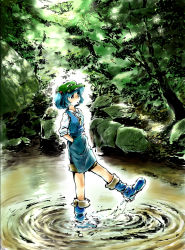 Rule 34 | 1girl, blue hair, boots, female focus, forest, hair bobbles, hair ornament, hands in pockets, hat, highres, kawashiro nitori, kicking, nature, pond, ripples, short hair, short twintails, shorts, sleeves rolled up, solo, standing, standing on one leg, stufquin, touhou, tree, twintails, two side up, wading, water