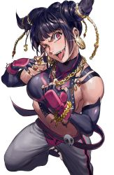 Rule 34 | 1girl, black hair, black nails, bracelet, breasts, capcom, chain, commentary, cowboy shot, crop top, earrings, english commentary, glint, gold, han juri, hanny (uirusu chan), highres, jewelry, looking at viewer, medium breasts, medium hair, midriff, multiple rings, nail polish, navel, one eye closed, open mouth, pants, pink eyes, ring, simple background, solo, spiked bracelet, spikes, street fighter, street fighter iv (series), tongue, tongue out, twintails, white background, white pants