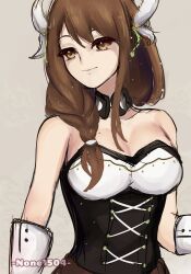 Rule 34 | 1girl, absurdres, bare shoulders, braid, breasts, brown eyes, brown hair, cleavage, commentary, corset, fire emblem, fire emblem engage, gloves, goldmary (fire emblem), grey background, hair ribbon, highres, large breasts, long hair, looking at viewer, nintendo, none1504, ribbon, simple background, single braid, smile, solo, strapless, upper body, white gloves, white ribbon