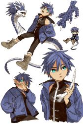 Rule 34 | 1boy, blue eyes, blue hair, blue jacket, blue scales, bone, boots, chibi, chibi inset, claws, dragon, dragon boy, dragon tail, gr178rg, hand up, hands in pockets, highres, holding, holding bone, jacket, long sleeves, looking at viewer, male focus, multiple views, open mouth, original, pointy ears, short hair, simple background, sleeveless, slit pupils, tail, turtleneck, white background