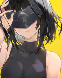 Rule 34 | 1girl, absurdres, arknights, arknights: endfield, bare shoulders, black hair, black shirt, endministrator (arknights), female endministrator (arknights), head tilt, highres, mask, medium hair, moyume, parted lips, shirt, simple background, sleeveless, sleeveless shirt, sleeveless turtleneck, smile, solo, turtleneck, yellow background