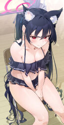Rule 34 | 1girl, absurdres, animal ear fluff, animal ears, bikini, bikini skirt, black hair, blue archive, blue eyes, blush, breasts, chair, closed mouth, commentary, cross hair ornament, extra ears, frilled bikini, frills, from above, hair ornament, halo, highres, jjjsss, official alternate costume, one-piece swimsuit, red eyes, serika (blue archive), serika (swimsuit) (blue archive), sitting, small breasts, swimsuit, thighs, twintails, v-shaped eyebrows