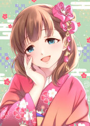 Rule 34 | 1girl, blue eyes, blush, breasts, brown hair, egasumi, floral background, floral print, gradient scarf, green background, hair ornament, hand on own face, idolmaster, idolmaster cinderella girls, idolmaster cinderella girls starlight stage, japanese clothes, kanzashi, kimono, long sleeves, looking at viewer, medium breasts, nonono (1399900), obi, open mouth, pink kimono, pink scarf, print kimono, sakuma mayu, sash, scarf, short hair, smile, solo, upper body, wide sleeves