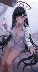 Rule 34 | 1girl, absurdres, black hair, blue archive, blush, breasts, cleavage, hair ornament, hairclip, halo, highres, lap pillow invitation, large breasts, long hair, looking at viewer, mimikaki, on bed, parted lips, pillow, red eyes, rio (blue archive), shirt, sitting, solo, thighs, very long hair, white shirt, yato (yama0x1)