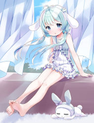 Rule 34 | 1girl, ahoge, amimi, animal ears, aqua hair, arm support, barefoot, blue eyes, collarbone, commentary request, commission, curtains, dress, feet, floppy ears, full body, head tilt, highres, legs, looking at viewer, open mouth, original, rabbit ears, shadow, short dress, sidelocks, sitting, skeb commission, sleeveless, sleeveless dress, soles, solo, stuffed animal, stuffed rabbit, stuffed toy, toes, twintails, white dress