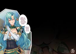 Rule 34 | 1girl, blue hair, breasts, chloe (fire emblem), closed eyes, elbow gloves, english text, fire emblem, fire emblem engage, gloves, highres, large breasts, long hair, nintendo, revolverwing, shadow, smile