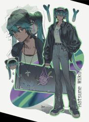 Rule 34 | aqua hair, belt, black belt, blue footwear, character name, closed mouth, commentary, denim, drooling, full body, hair between eyes, hand in pocket, hatsune miku, headphones, highres, holding, jeans, looking at viewer, nail polish, pants, scissors, sol halite, standing, vocaloid