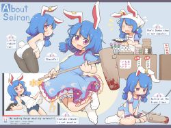 Rule 34 | 1girl, :&lt;, :d, alternate costume, ambiguous red liquid, animal ears, apron, ass, bare shoulders, bloomers, blue dress, blue hair, blue leotard, blush, closed eyes, closed mouth, commentary request, cuffs, dango, dress, earclip, english text, engrish text, flat chest, food, frills, frown, head scarf, highres, holding, holding tray, kine, leotard, long hair, low twintails, mallet, multiple views, open mouth, puffy short sleeves, puffy sleeves, purple eyes, rabbit ears, rabbit tail, ranguage, sanshoku dango, seiran (touhou), shackles, short sleeves, sitting, smile, tail, tearing up, torn clothes, touhou, tray, turnip kabura, twintails, underwear, wagashi, wariza, white apron, white headwear, white leotard