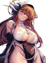 Rule 34 | 1girl, alternate breast size, blue eyes, blush, breasts, brown hair, cleavage cutout, clothing cutout, curvy, dress, hair down, highleg, highleg panties, kawaraya a-ta, large breasts, lips, long hair, navel cutout, neon genesis evangelion, panties, parted lips, pelvic curtain, revealing clothes, see-through, see-through dress, shiny skin, simple background, solo, souryuu asuka langley, thong, two side up, underwear, very long hair, wet, wet clothes, white background, wide hips